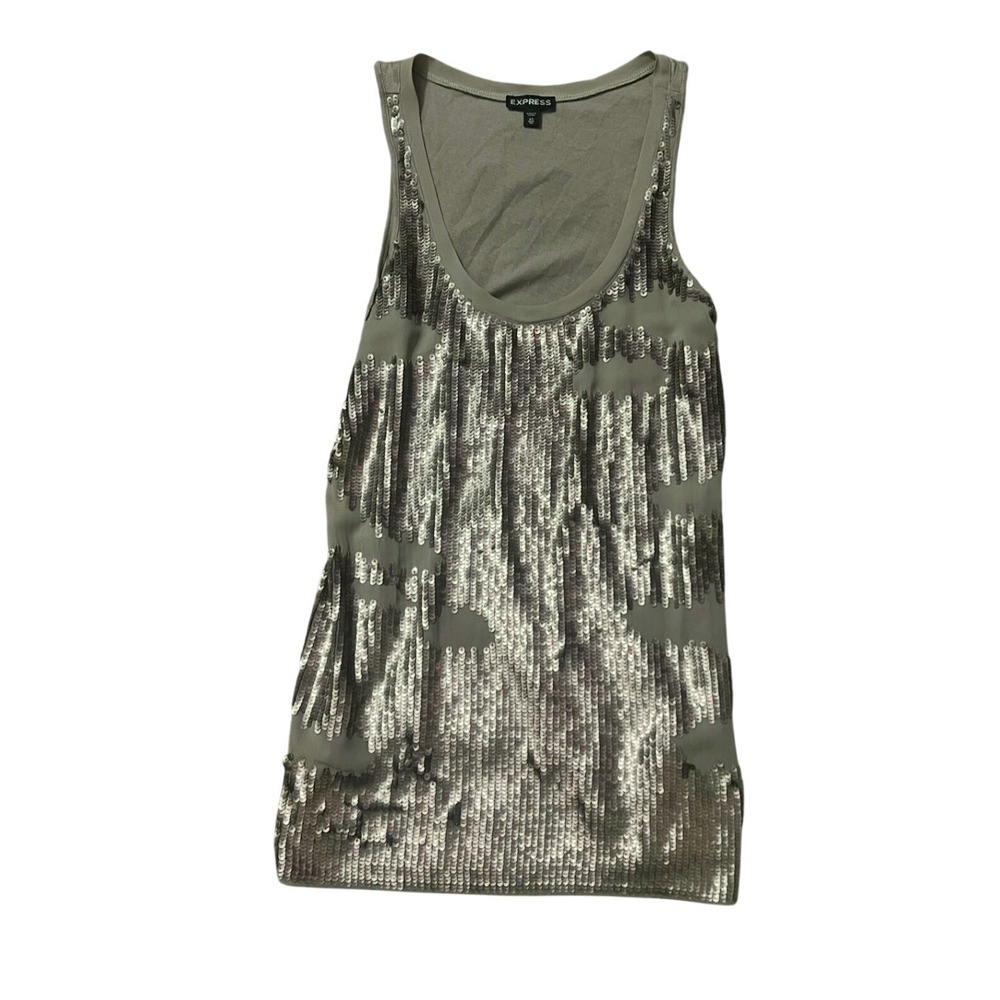 Y2K Express Womens XS Sequin Front Tank Top Olive Green Scoop Neck Sleeveless